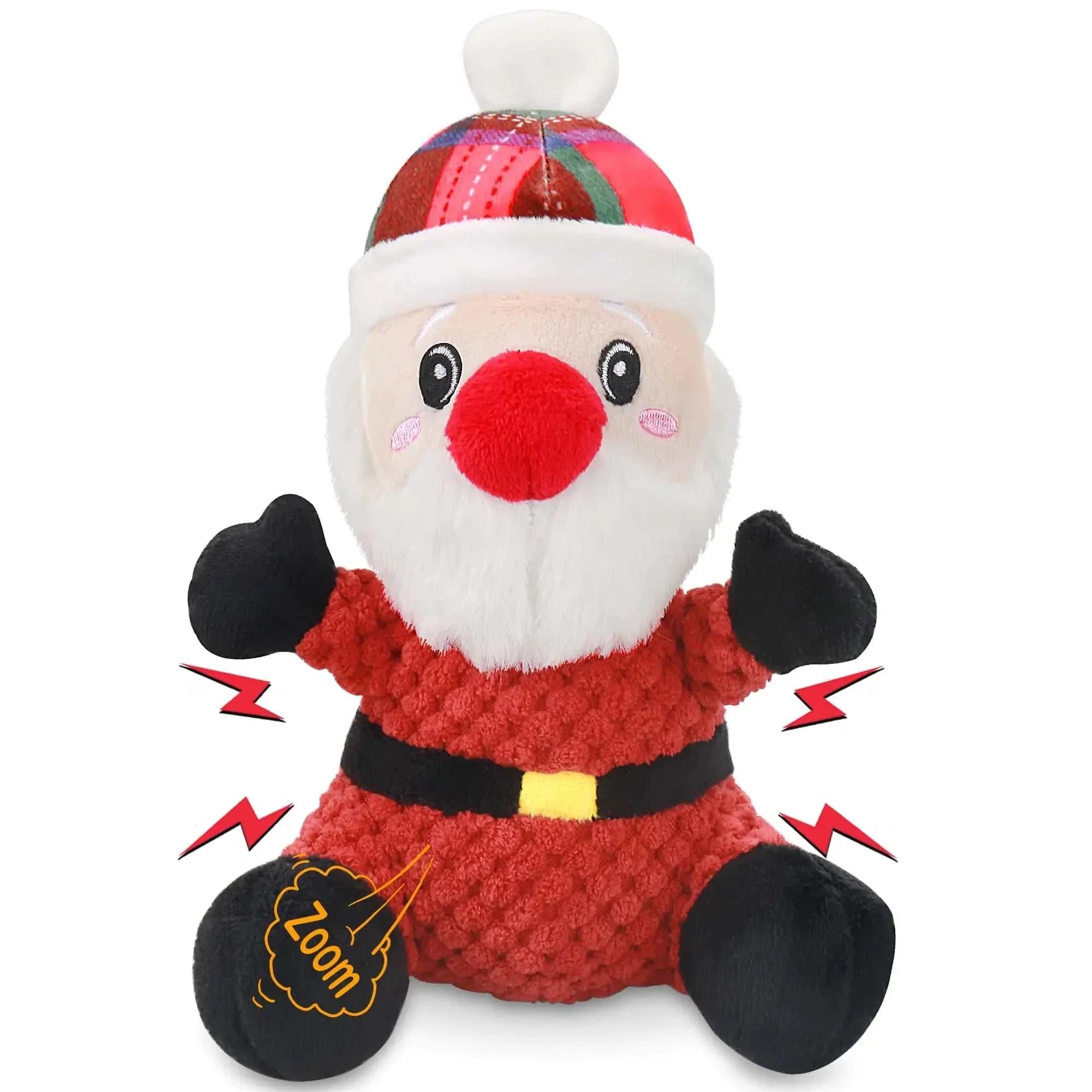 Interactive squeaky dog toys featuring a festive Santa plush toy with squeaker and colorful design.