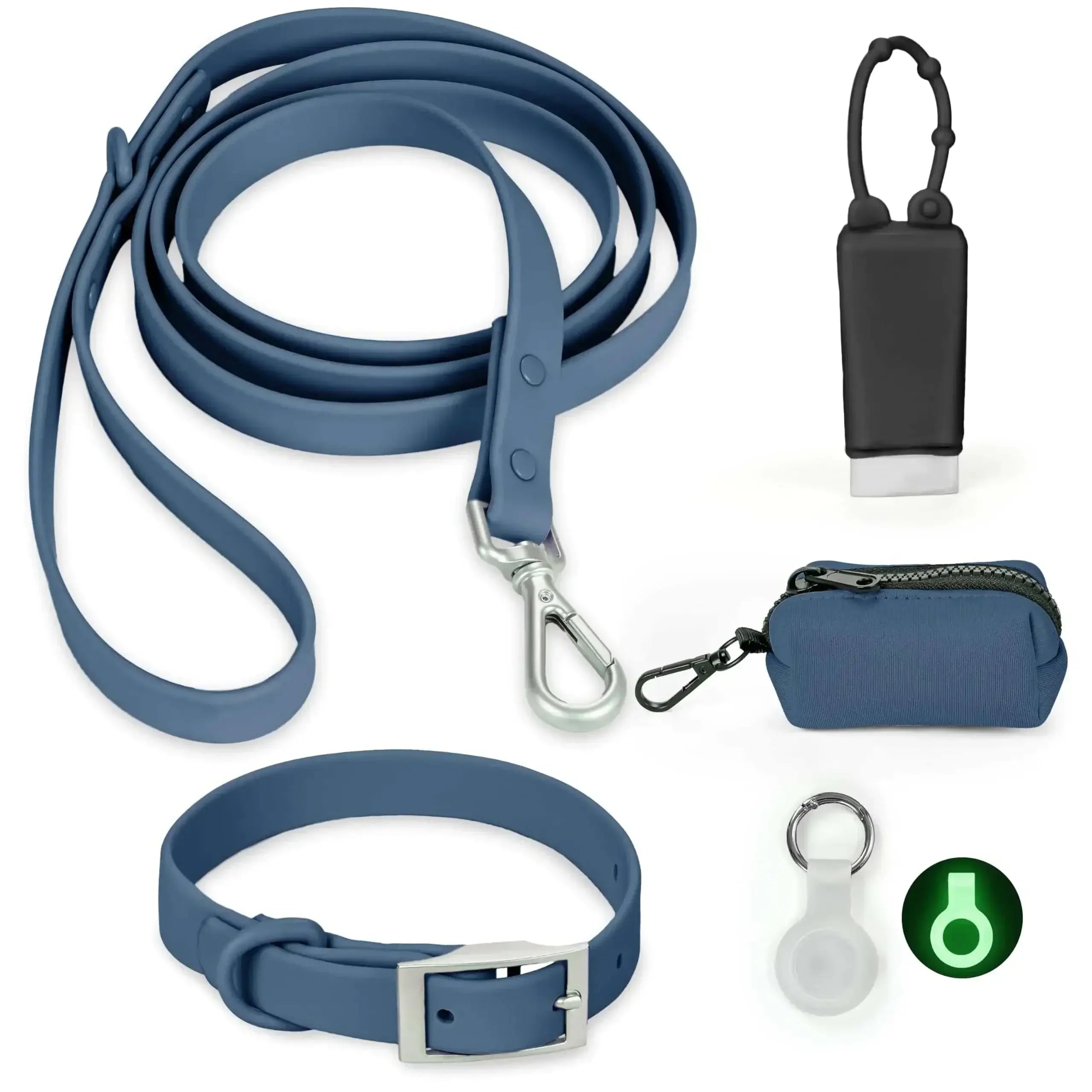 waterproof dog collar and leash set featuring a collar, durable leash, and accessory holders in blue