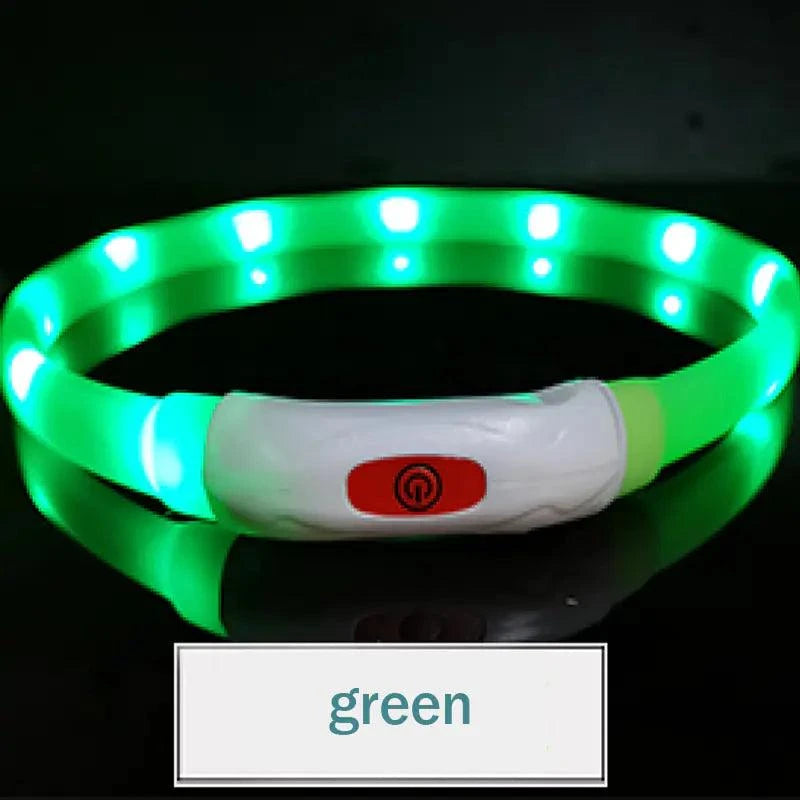 Luminous pet collar in vibrant green color with light-up features, perfect for enhancing pet visibility at night.