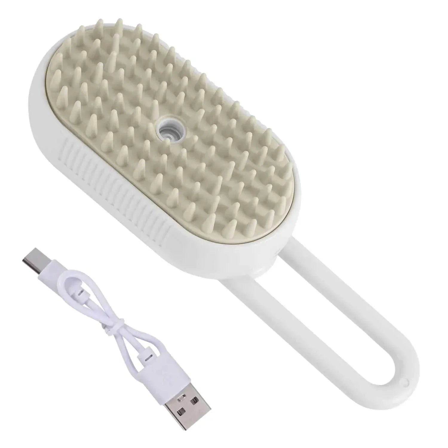 self-cleaning cat brush with USB charging cable for convenient grooming, featuring soft rubber bristles.