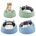 Set of elevated cat food bowls in green and blue with a playful kitten, perfect for indoor pets.