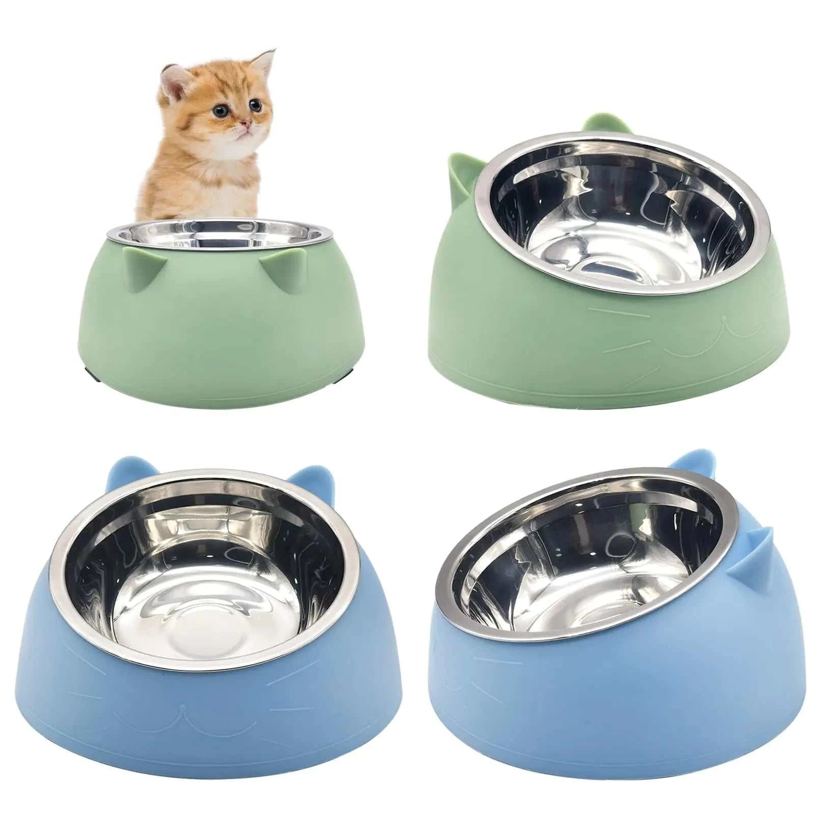 elevated cat food bowls set including green and blue bowls with a kitten.